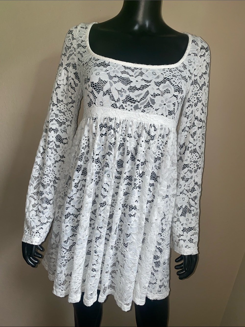 White Lace BabyDoll Long-Sleeve Mini Dress